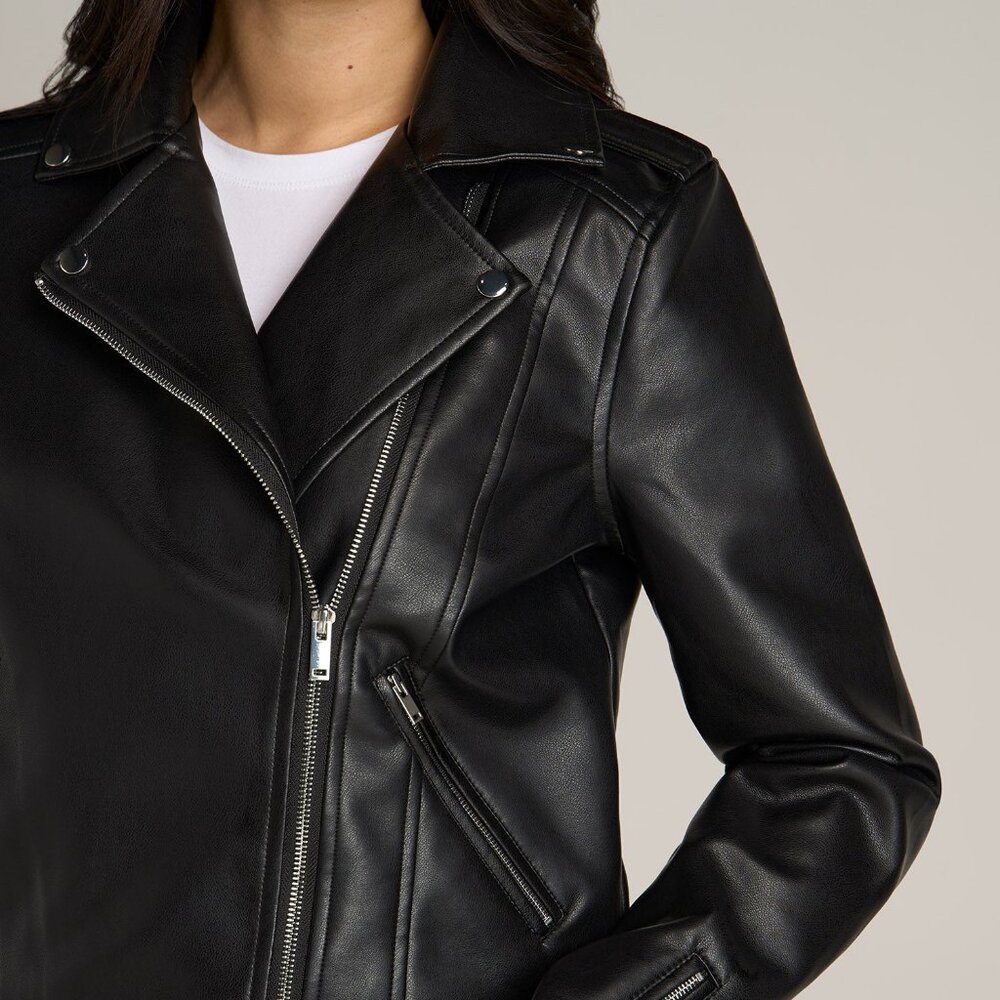 American Tall Cropped True Touch Leather Moto Jacket for Tall Women in Black Siz - Picture 2 of 4